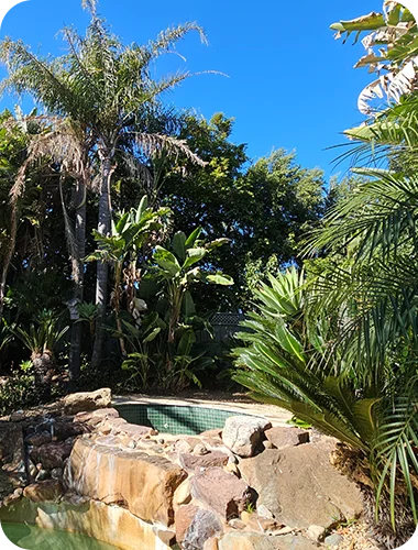 A tropical-themed backyard spa or hot tub is surrounded by lush green foliage, palm trees, and a rock waterfall.